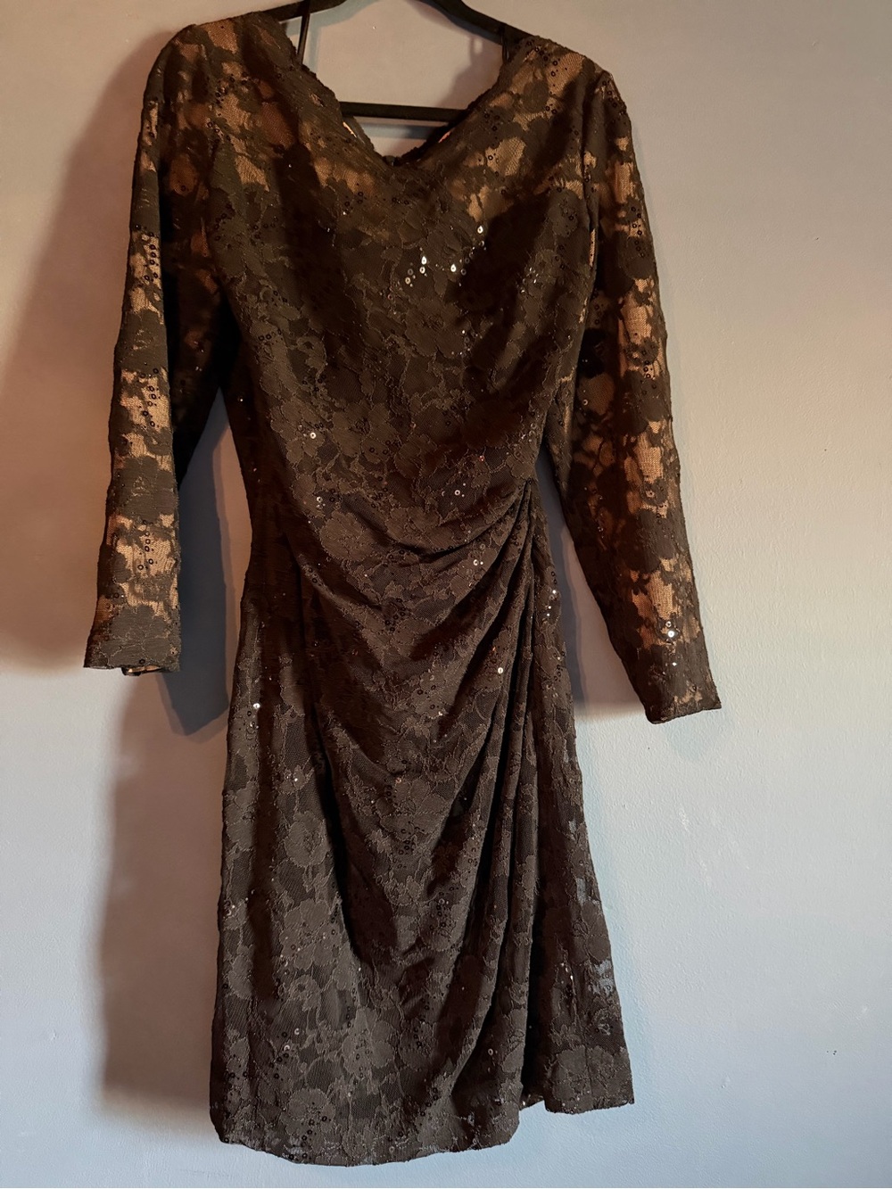 Lauren Ralph Lauren 16W Black Lace Sequin Ruched Cocktail Dress